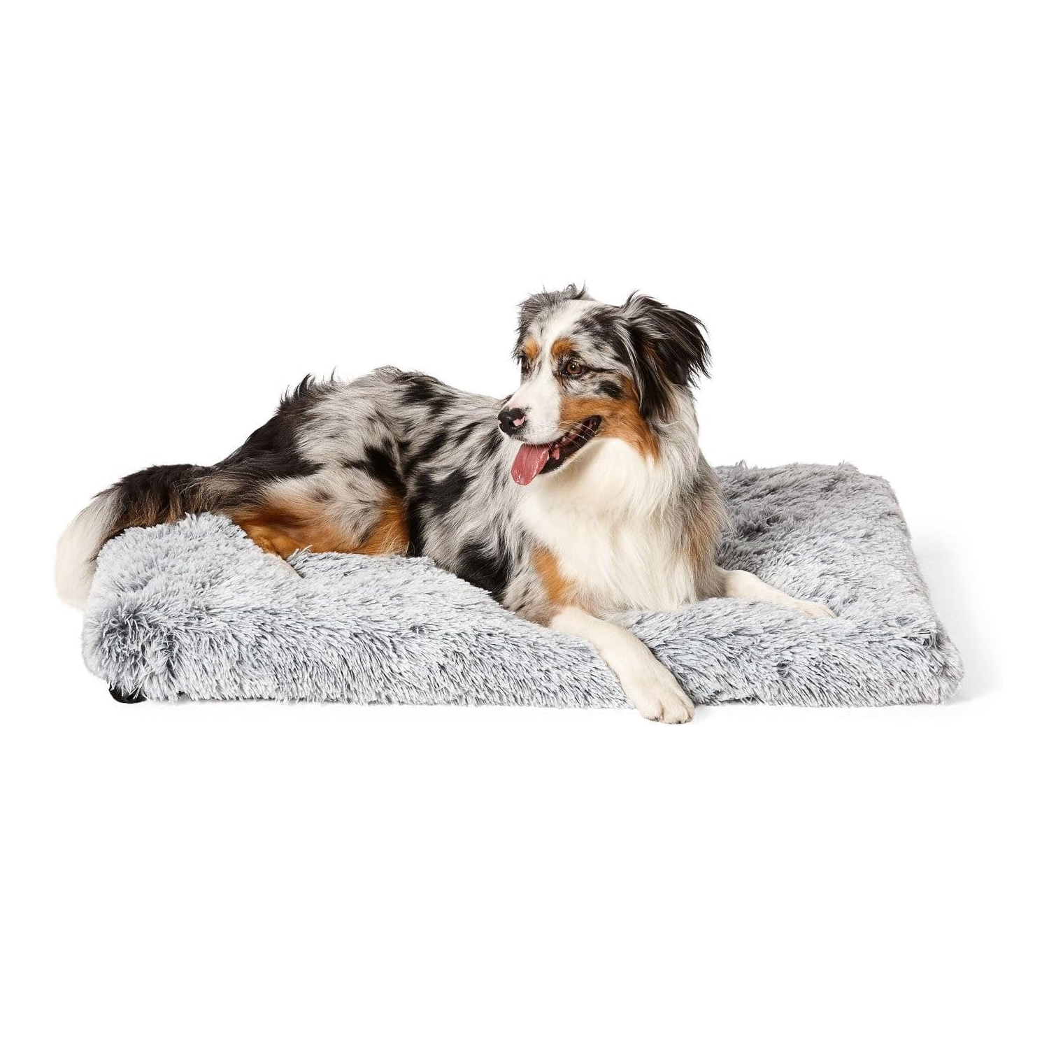 Smiling dog lying on a fluffy gray Snooza pet bed against a white background