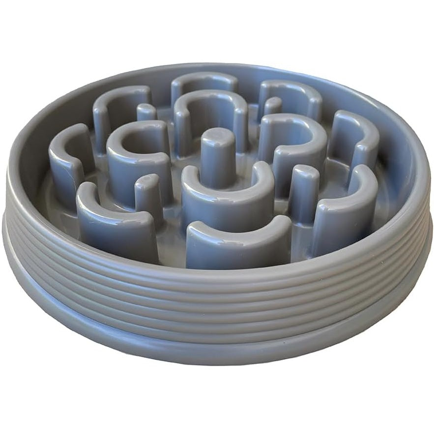 Gray maze-style dog food bowl on a white background