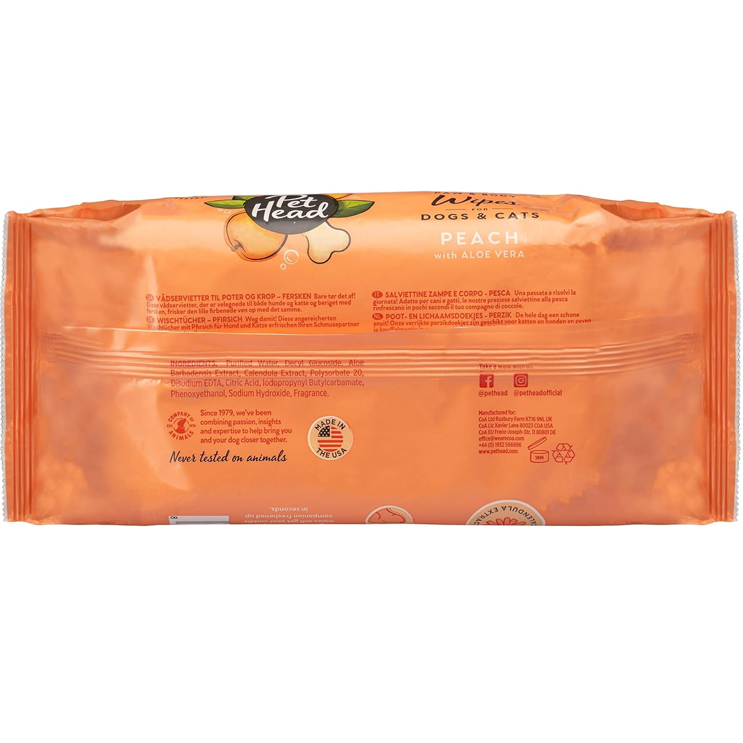 Pack of Pet Head dog and cat wipes with peach scent on an orange background