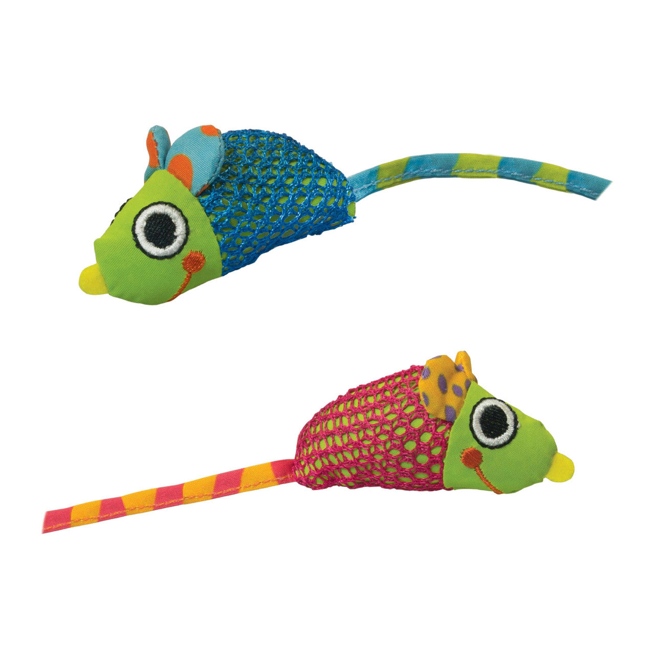 Two colorful catstages toy mice on a white background