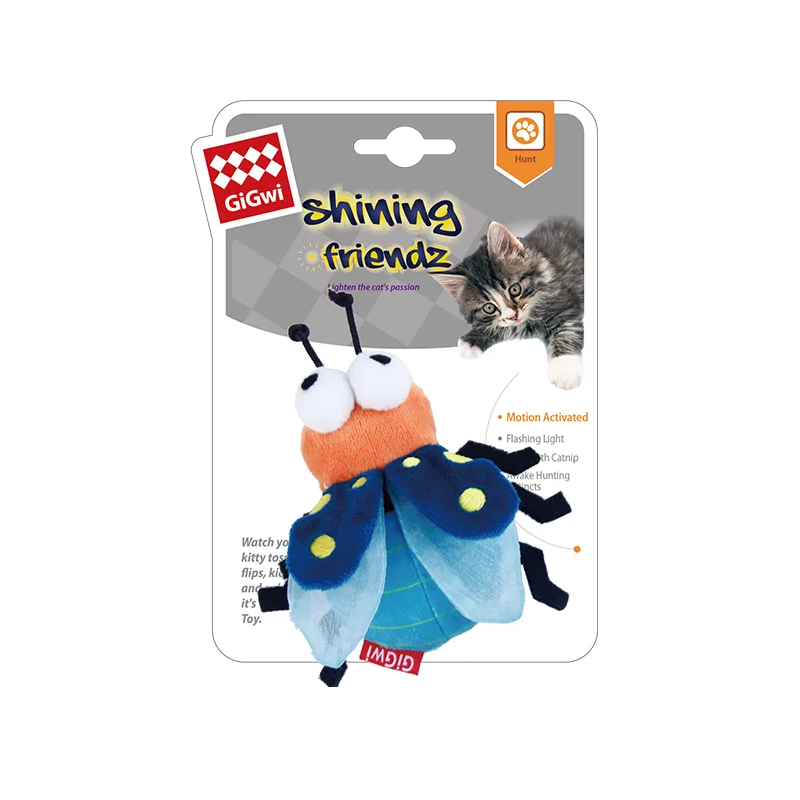 Gigwi Shining Friendz firefly toy packaging with a cat on a white background
