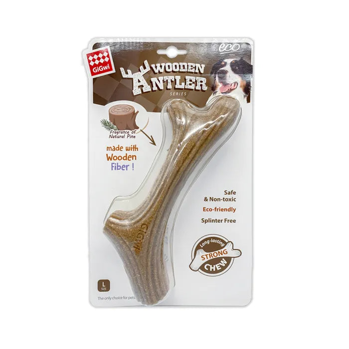 Large size GiGwi wooden antler dog chew toy in the original packaging on a white background