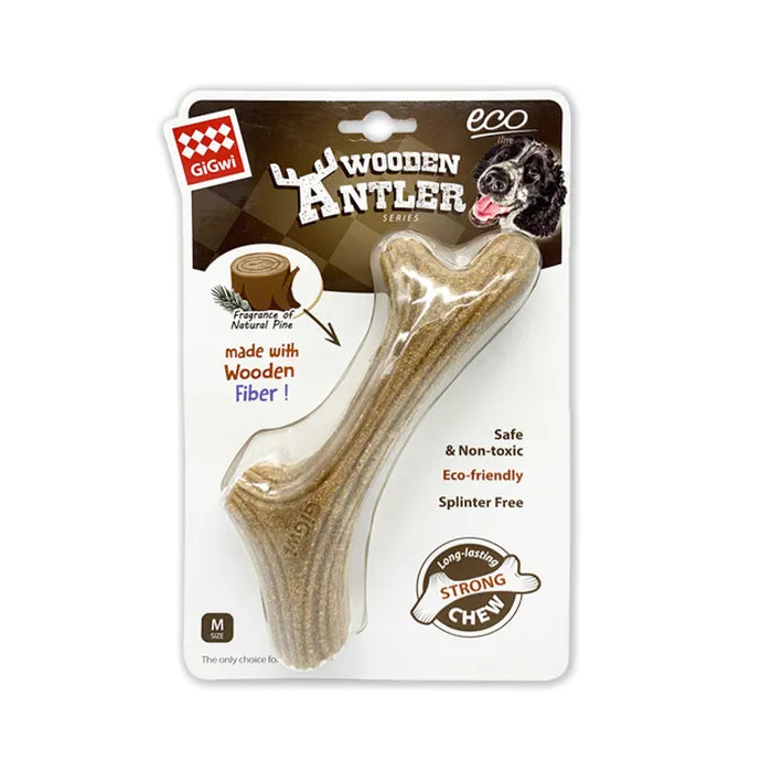 Medium size GiGwi wooden antler dog chew toy in the original packaging on a white background