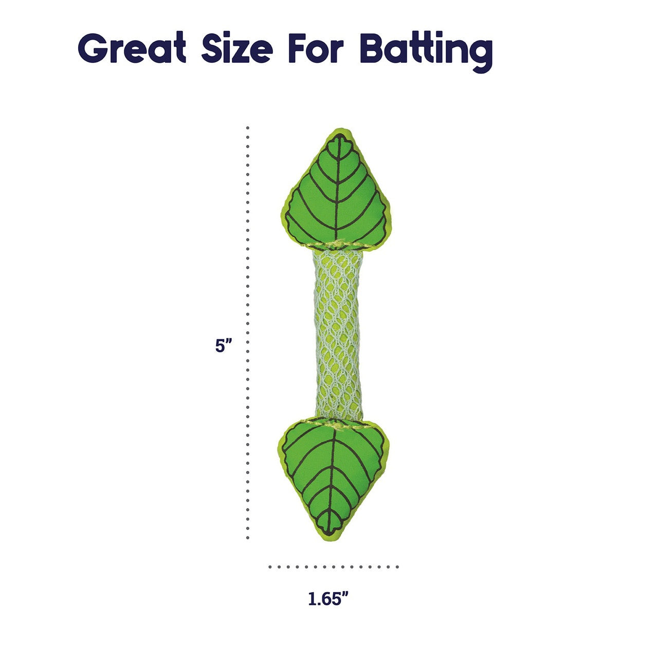 Green leaf-shaped toy with measurement details on a white background