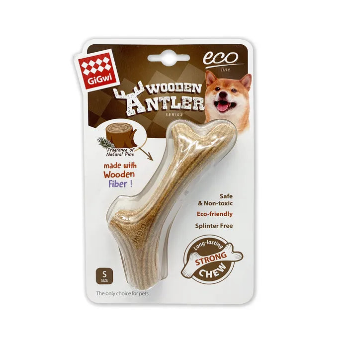 Small size GiGwi wooden antler dog chew toy in the original packaging on a white background