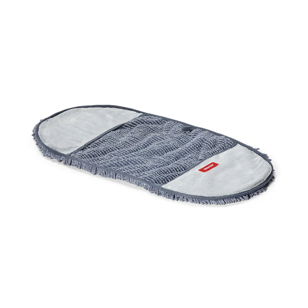 Grey Snooza microfiber pet drying towel with the red Snooza logo on a white background