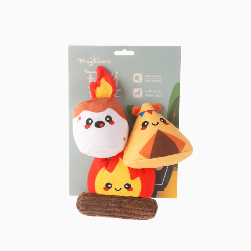 HugSmart plush toy set with marshmallow, tent, and campfire plush toys in their original packaging on a white background