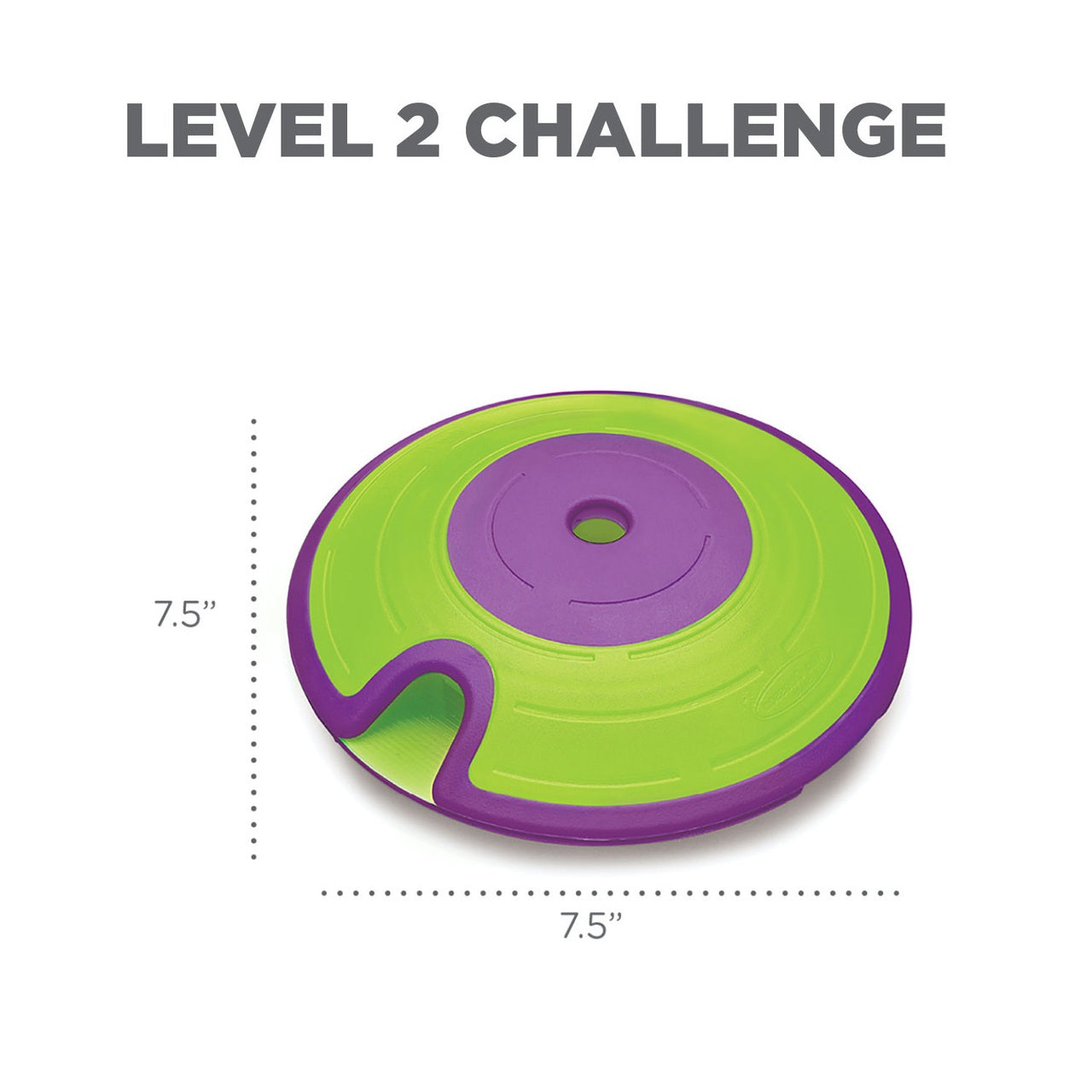 Green and purple disc with 'Level 2 Challenge' text and dimensions on a white background