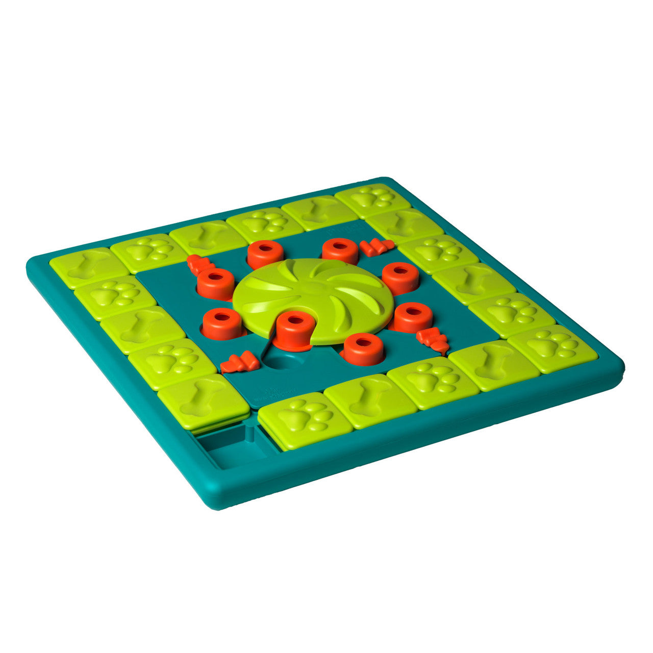 Colorful dog food puzzle game with green and red pieces on a white background