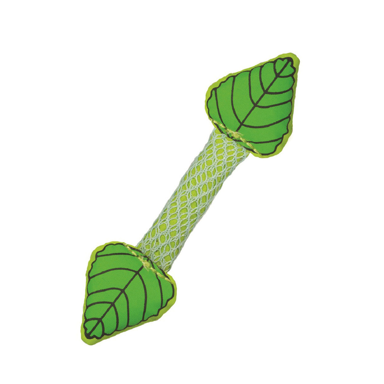 Green leaf-shaped dental chew toy for cats on a white background